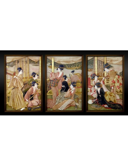 Tryptic in relief Young Courtesans by the River after Kunisada II.