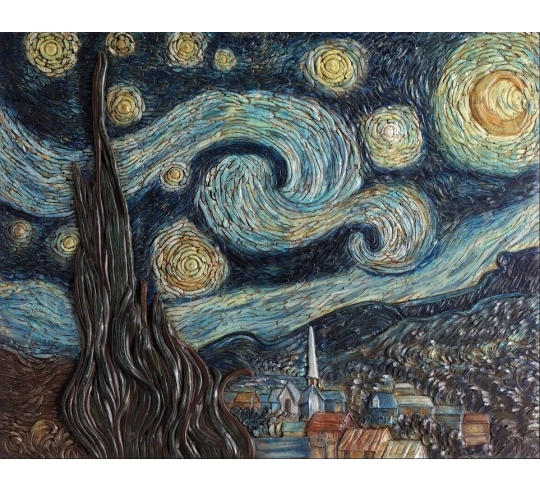 Relief painting The Starry Night, after the Vincent Van Gogh painting.