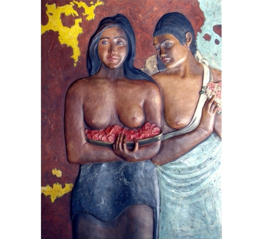 Relief painting Two Tahitian Women, after the painting by Paul Gauguin.