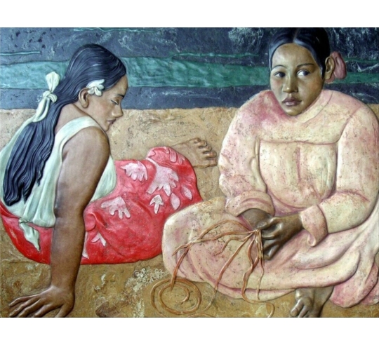 Relief painting Women of Tahiti on the beach, after the painting by Paul Gauguin.