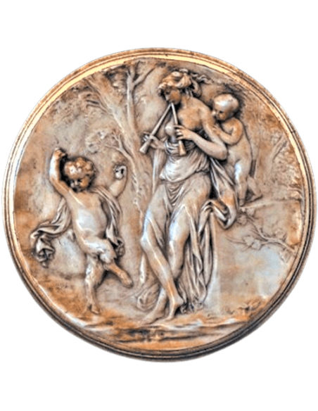 Médaillon de style romain, nymphe jouant de la flûte et faune dansant d'après la décoration murale d'une riche villa de Pompéi.