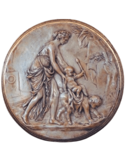 Medallion in Roman style, nymph riding a child on the...