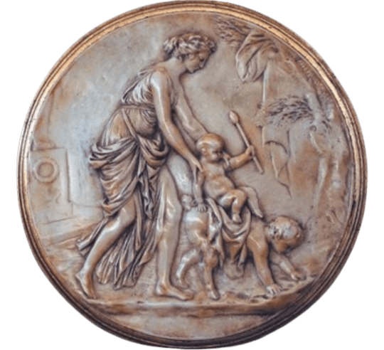 Medallion in Roman style, nymph riding a child on the back of a faun after the decoration of a villa in Pompeii.