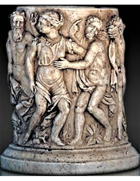 Vase de style grec antique, motifs scène de bacchanales faunes et nymphes.