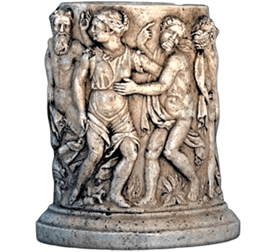 Antiguo jarrón de estilo griego con escena bacanal de faunos y ninfas.