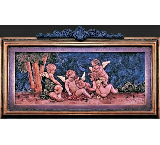 Tableau en relief Groupe de cinq Amours jouant...