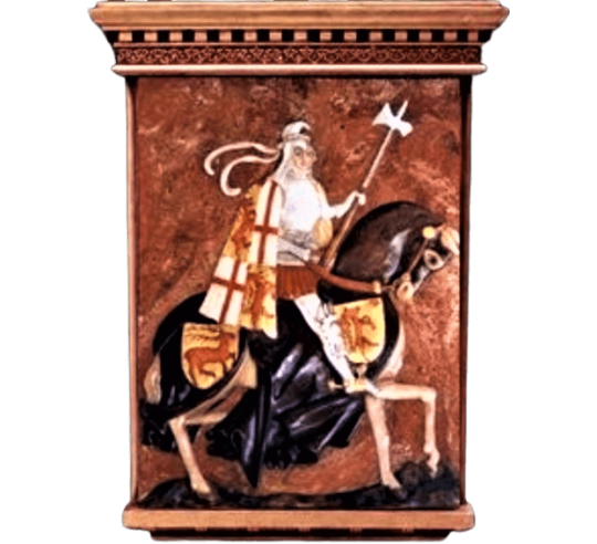 Relief painting of Chevalier Capodilista on horseback from the miniatures of the code of Giovani Francesco Capodilista.