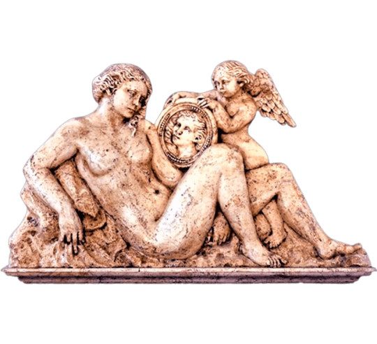 Bajorrelieve de Venus contemplándose en el espejo sujetado por Cupido.