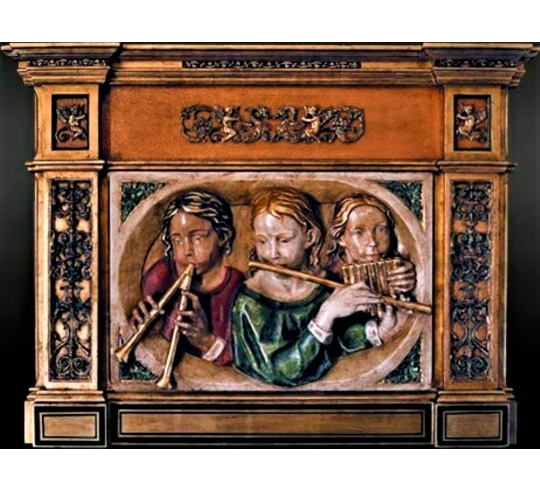 Relief painting in polychrome of young flute...