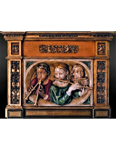 Relief painting in polychrome of young flute players in Renaissance style.
