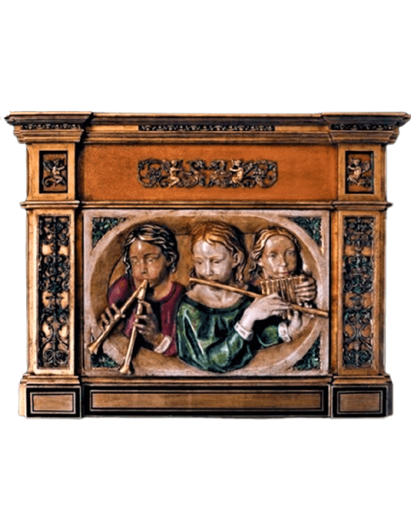Relief painting in polychrome of young flute players in Renaissance style.