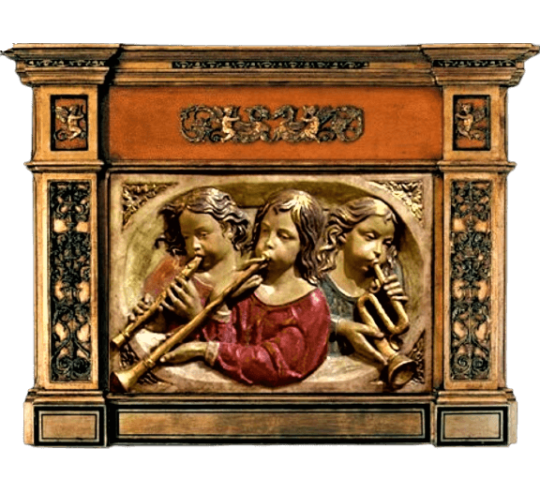 Tableau en relief polychrome jeunes joueurs de flute II style renaissance.