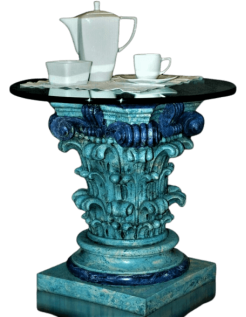 Pie de mesa de estilo capitel corintio con pátina azul...
