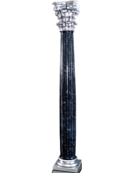 Column in Corinthian style black marble imitation, foot and capital with silvery patina.