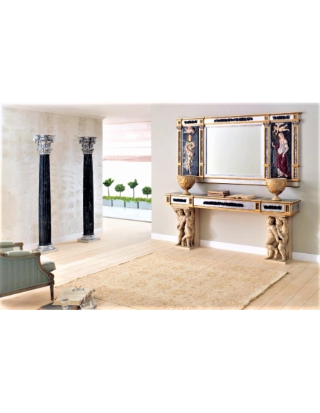 Colonne de style corinthien imitation marbre crème, pied et chapiteau patine doré.