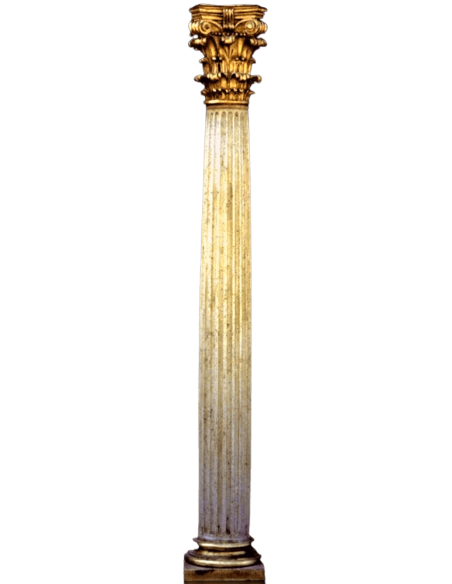 Colonne de style corinthien imitation marbre crème, pied et chapiteau patine doré.