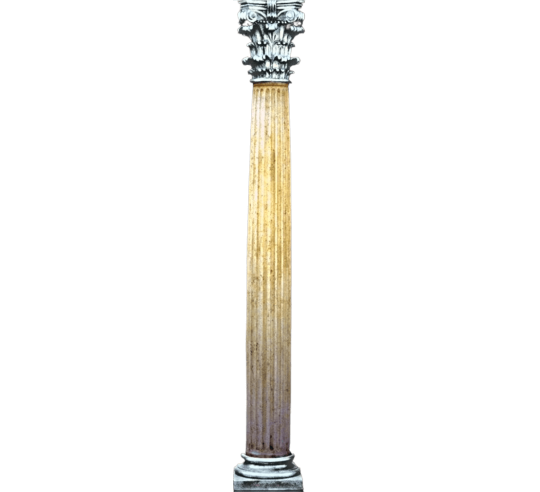 Columna de estilo corintio con patinado de mármol crema, pie y capitel con patinado plateado.