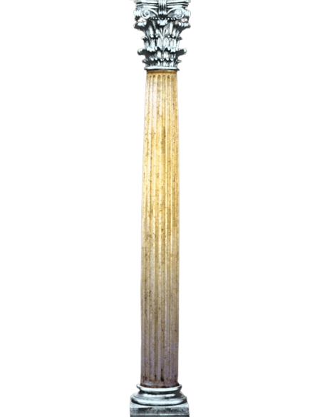 Columna de estilo corintio con patinado de mármol crema, pie y capitel con patinado plateado.