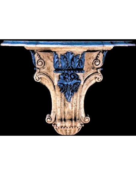 Support mural style renaissance, patines bleu azur et imitation marbre crème.
