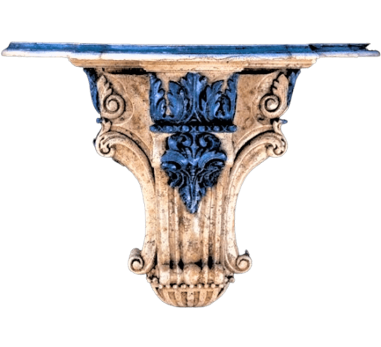 Ménsula de estilo renacentista con pátina azul celeste e imitación de mármol crema.