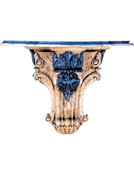 Support mural style renaissance, patines bleu azur et imitation marbre crème.