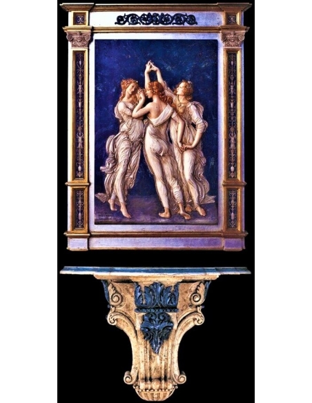 Support mural style renaissance, patines bleu azur et imitation marbre crème.