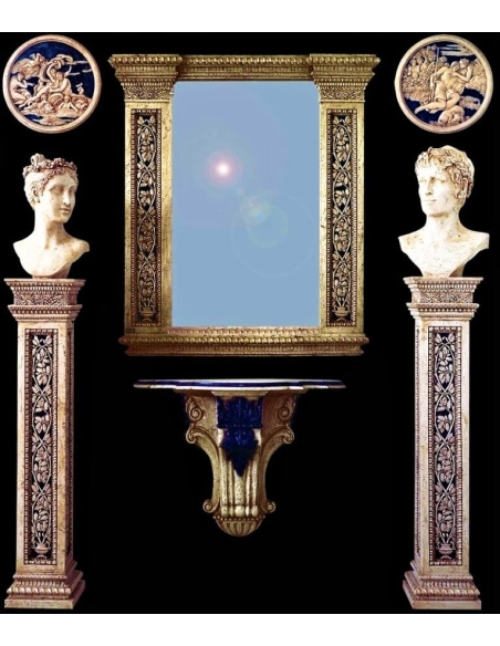 Support mural style renaissance, patines bleu azur et imitation marbre crème.