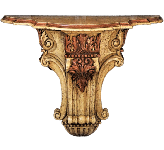 Wall bracket in Renaissance style, with ochre patina and imitation cream marble.