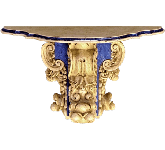 Ménsula de estilo barroco decorada con hojas de acanto, pátina de mármol crema y azul.