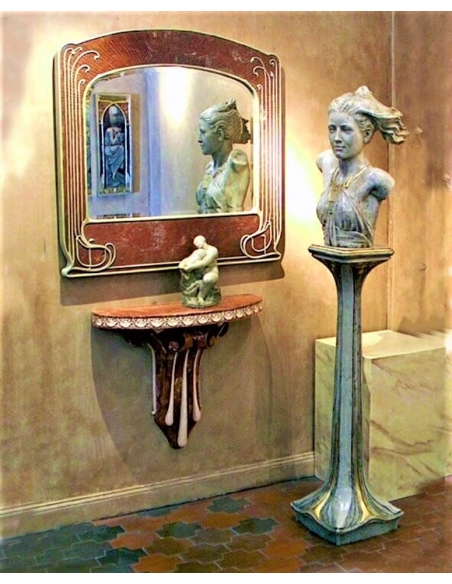 Wall bracket in the neoclassical style, decorated with scrolls and in the form of gold drops with a cobalt blue and gold patina.