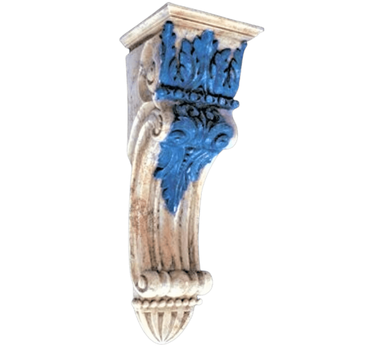 Wall bracket in Italian palazzo style, decorated with acanthus leaves, cream and azure blue patina.