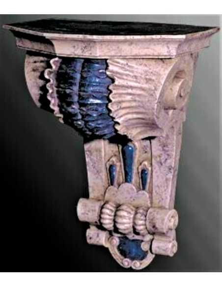Ménsula estilo jardín de rocalla con pátinas crema y azul celeste.