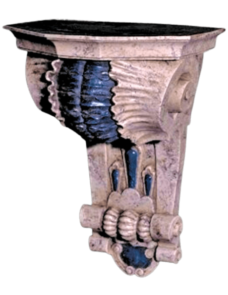 Ménsula estilo jardín de rocalla con pátinas crema y azul celeste.