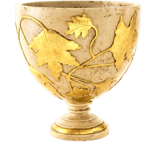 Vase de style romain à motifs de feuilles de vigne d'après un modèle découvert à Pompéi, patine crème et doré.