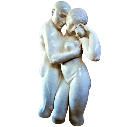 Sculpture of Adam and Eve inspired by the work of Tamara de Lempicka.