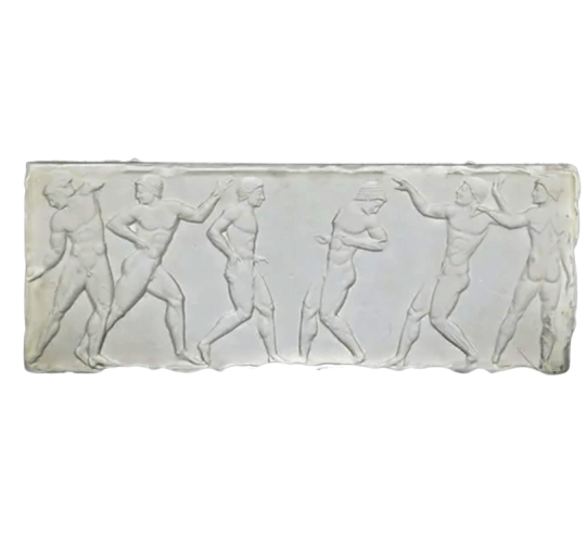 Bajorrelieve de atletas de dos equipos compitiendo en el Episkyros, el juego de pelota de la antigua Grecia