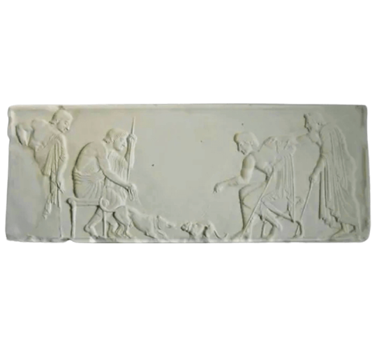 Bajorrelieve de kouros funerario escena de hombres organizando la pelea entre un gato y un perro, Museo de Atenas
