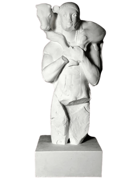 Estátua del Moscóforo o El Portador de Ternero, dedicada por Rhombos, Museo de la Acrópolis, Atenas