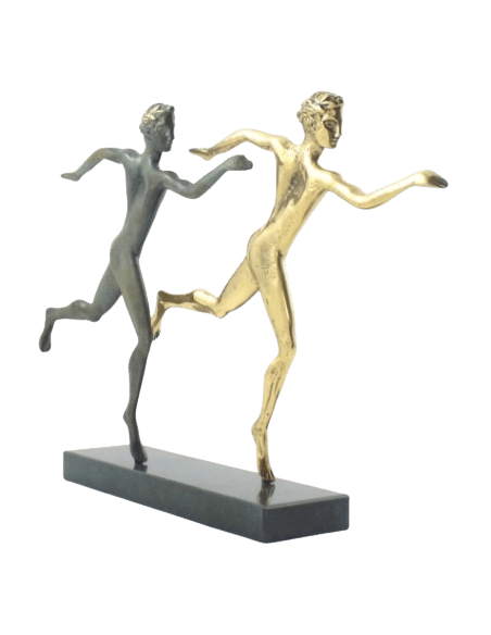 Statuette stylisée d'athlètes marathoniens en bronze,  inspirée des Musées nationaux grecs