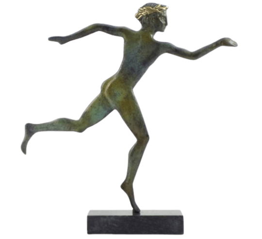 Estatuilla estilizada de atleta maratoniano en bronce, inspirada en los Museos Nacionales Griegos