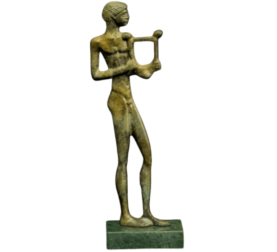 Estatuilla estilizada de bronce de Apolo, dios de la Música, inspirada en los museos nacionales griegos