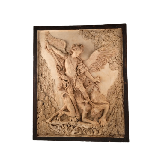 Bajorrelieve del Arcángel San Miguel derrotando al demonio, según Guido Reni