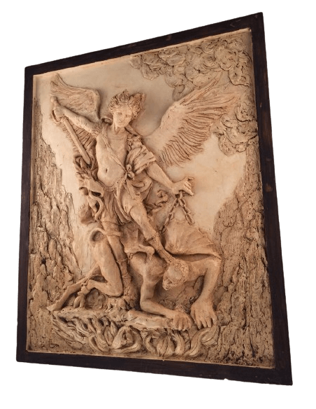 Bajorrelieve del Arcángel San Miguel derrotando al demonio, según Guido Reni