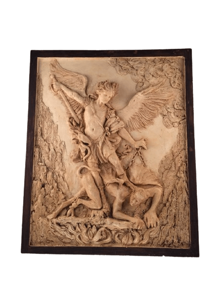 Bajorrelieve del Arcángel San Miguel derrotando al demonio, según Guido Reni